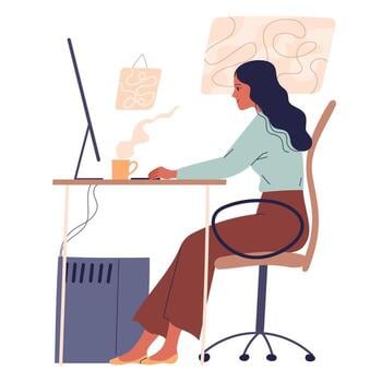 woman-sitting-at-table-and-working-online-at-computer-vector